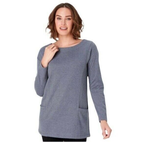 CJ Banks Blue Gray Stretchy Boat Neckline Tunic Top Shirt Plus Size 1X NWT - Picture 1 of 8